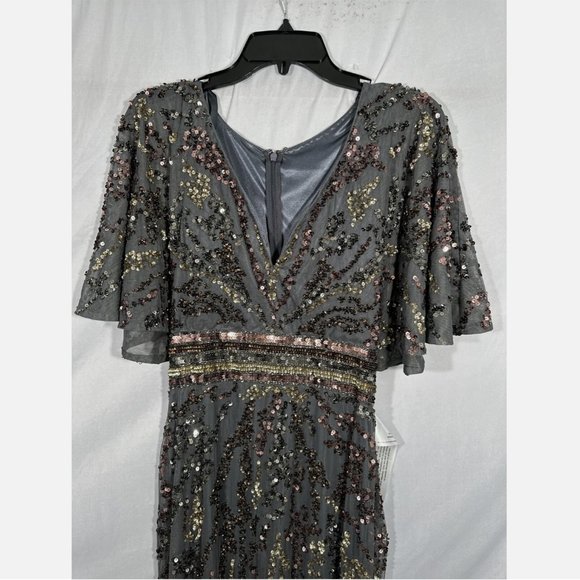 NWT $698 Mac Duggal [‎ 8 ] Cape Sleeve Embellished Gown in Charcoal Multi Gold - Picture 4 of 15